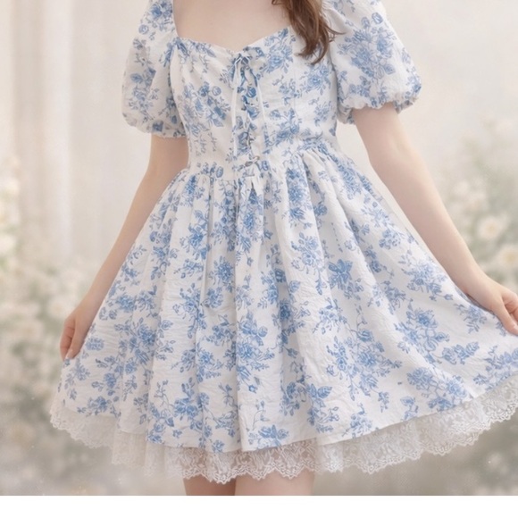 CIDER Blue Toile Floral Puff Sleeve Mini Dress - Picture 3 of 10